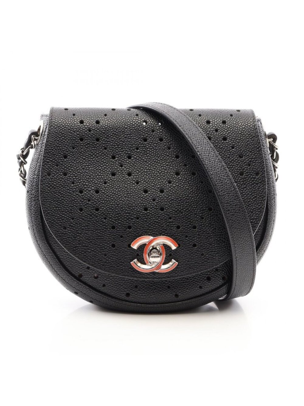 Chanel Shoulder Bag Round Flap Perforated Combination Black Caviar Leather
